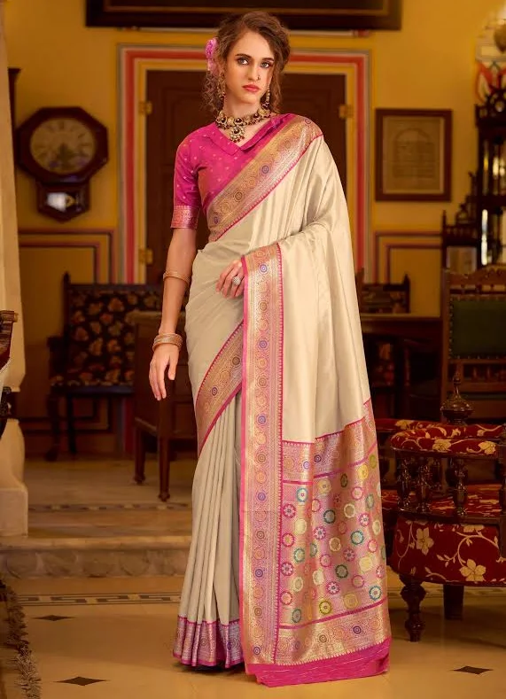 White & Pink Woven Designer Banarasi Silk Kanjivaram Saree with Unstitched Blouse